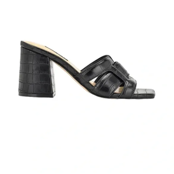 NWT Nine West Kaelyn Heeled Slide Sandals Black Croc Size 6.5