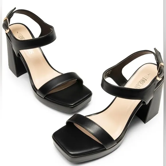 NWT Platform Chunky Heels Ankle Strap Block High Heel Square Toe