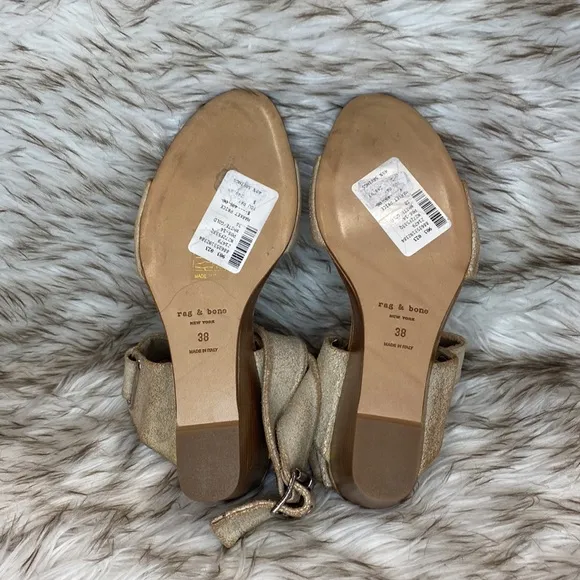 NWT Rag &amp; Bone Damien Wedge Sandals Strappy White Gold Crackle Size 8 (EU 38)
