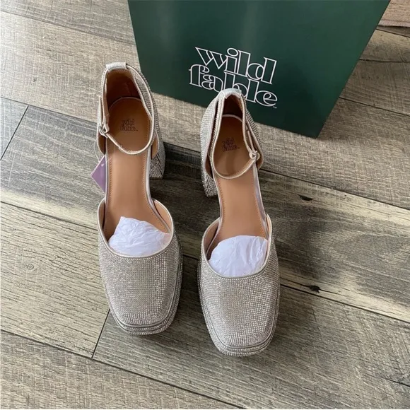 NWT Wild Fable Bianca Shoes Silver Sparkly Rhinestone Platform Heels Viral Sz 11