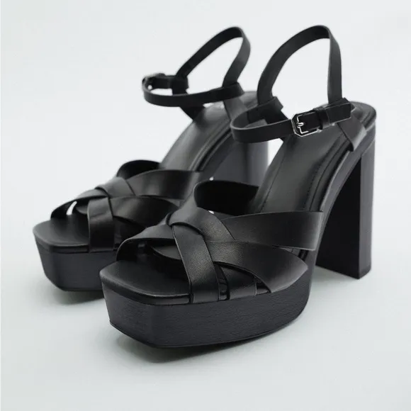 NWT. Zara Black Leather Platform High Heel Sandals. Size 7,5/EU 38.