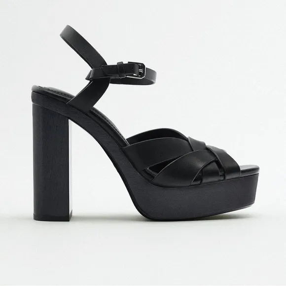 NWT. Zara Black Leather Platform High Heel Sandals. Size 7,5/EU 38.