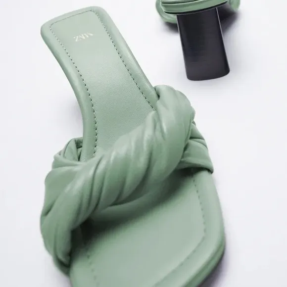NWT Zara Green Knotted Heel Leather Sandals Size10