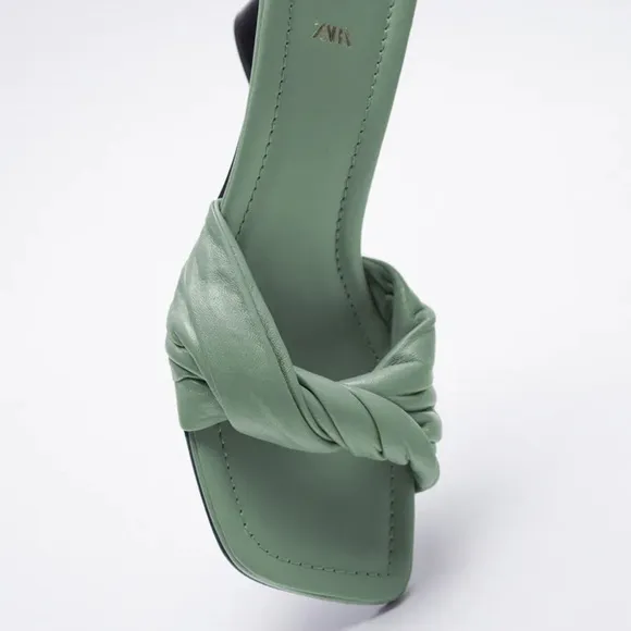 NWT Zara Green Knotted Heel Leather Sandals Size10