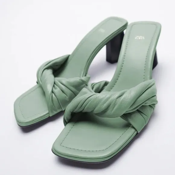 NWT Zara Green Knotted Heel Leather Sandals Size10