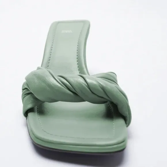 NWT Zara Green Knotted Heel Leather Sandals Size10