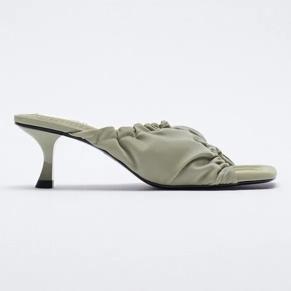 NWT. Zara Green Ruched Heeled Sandals/Mules. Size 5, 6.