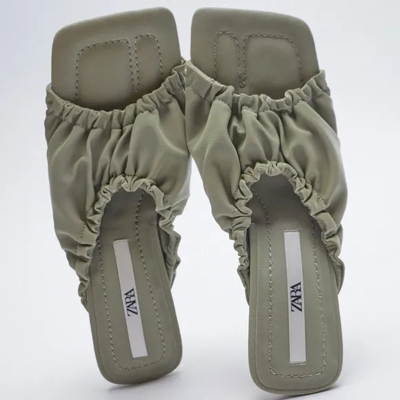 NWT. Zara Green Ruched Heeled Sandals/Mules. Size 5, 6.