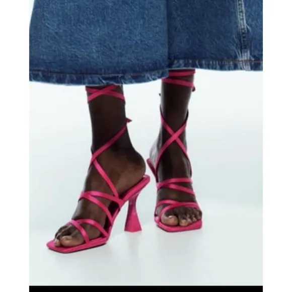 NWT ZARA Womens Lace Up High Heel Sandals in Pink Size EU 40