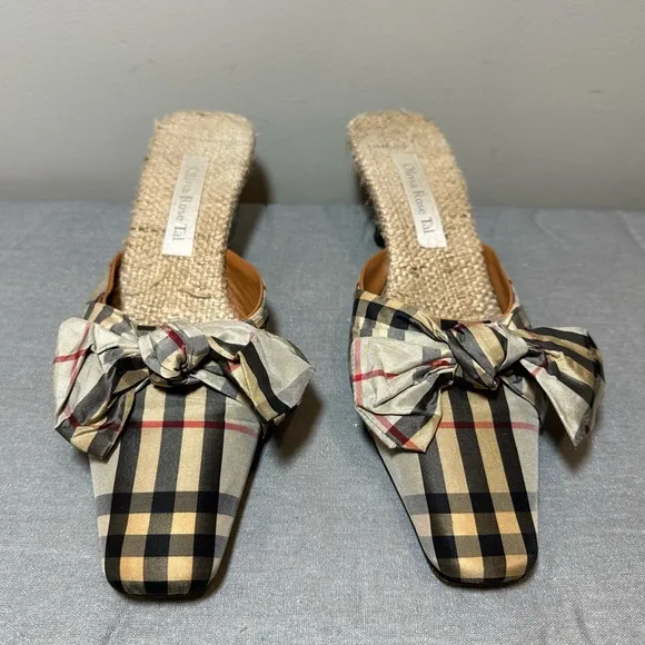 Olivia Rose Tal Plaid Check Silk Bow Mule Slide Kitten Heels