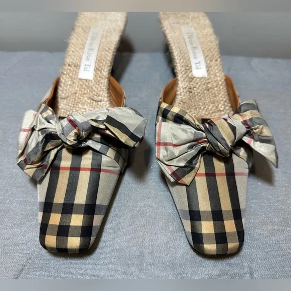 Olivia Rose Tal Plaid Check Silk Bow Mule Slide Kitten Heels