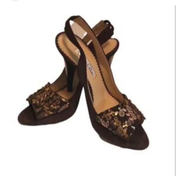 Oscar De La Renta Sequin Gold Leaf Embellished Brown Suede Slingback Heels Sz 39