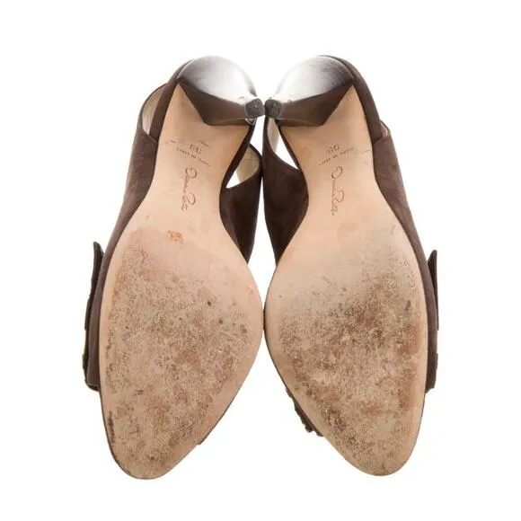 Oscar De La Renta Sequin Gold Leaf Embellished Brown Suede Slingback Heels Sz 39