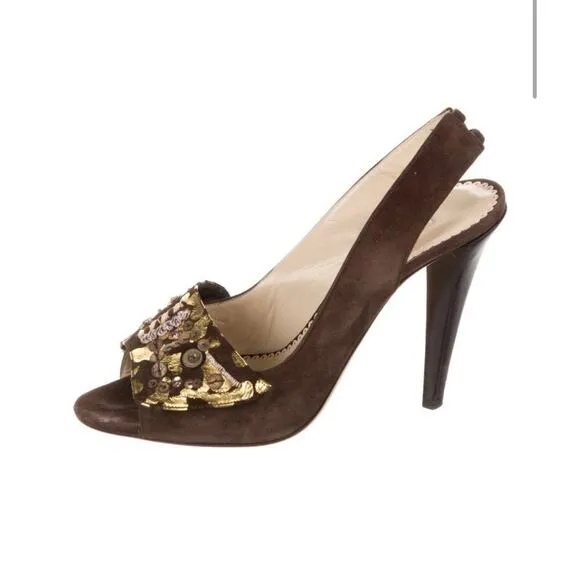 Oscar De La Renta Sequin Gold Leaf Embellished Brown Suede Slingback Heels Sz 39