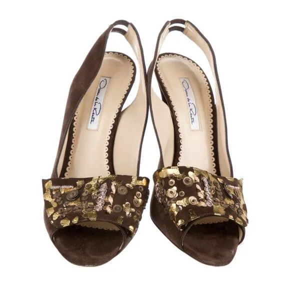 Oscar De La Renta Sequin Gold Leaf Embellished Brown Suede Slingback Heels Sz 39