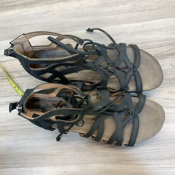 Otbt Sandals Womens 9.5M Escapade Wedge Gladiator Black Leather Back Zip Lace Up