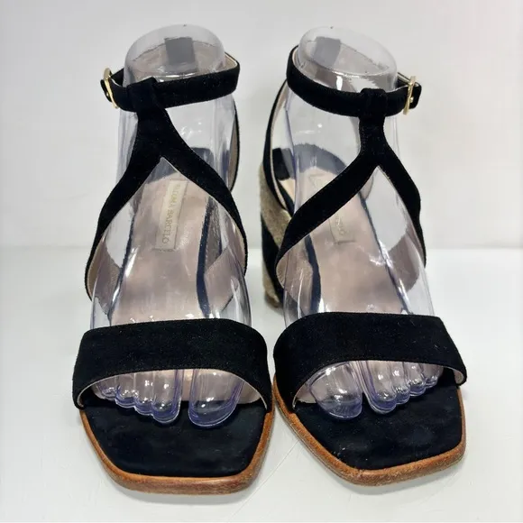 Paloma Barcelo Black Suede Strappy Espadrille Wedge Sandals Size 38