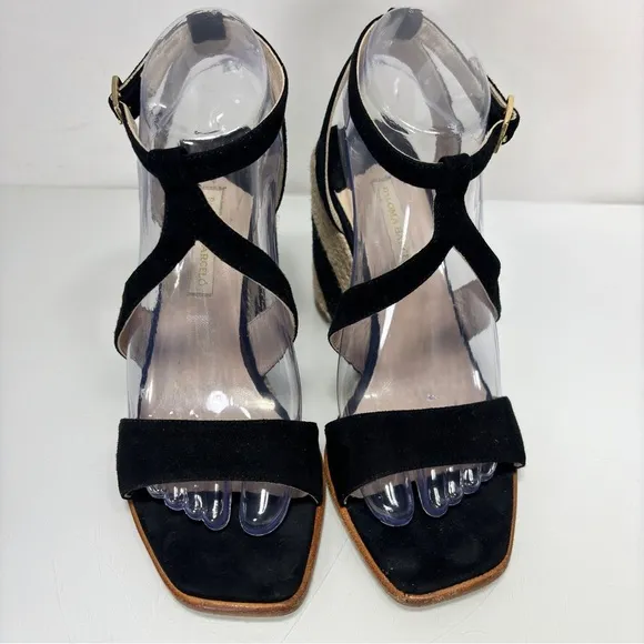 Paloma Barcelo Black Suede Strappy Espadrille Wedge Sandals Size 38