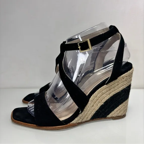 Paloma Barcelo Black Suede Strappy Espadrille Wedge Sandals Size 38