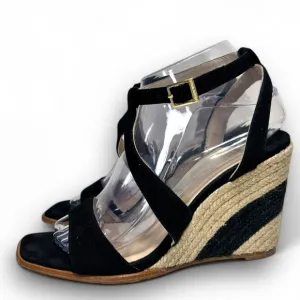 Paloma Barcelo Black Suede Strappy Espadrille Wedge Sandals Size 38
