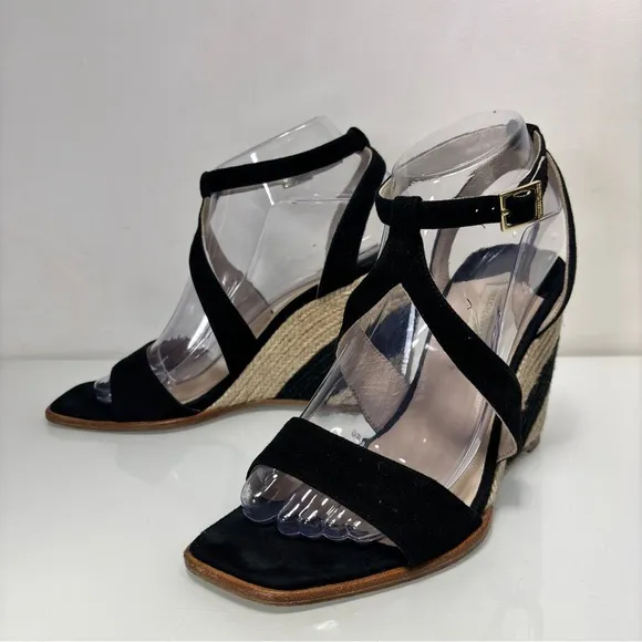 Paloma Barcelo Black Suede Strappy Espadrille Wedge Sandals Size 38