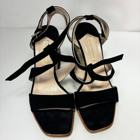 Paloma Barcelo Black Suede Strappy Espadrille Wedge Sandals Size 38