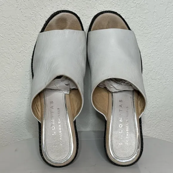 PALOMA BARCELO CONCHITA WHITE LEATHER BLACK ESPADRILLE PLATFORM WEDGE SANDALS