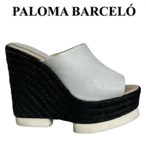 PALOMA BARCELO CONCHITA WHITE LEATHER BLACK ESPADRILLE PLATFORM WEDGE SANDALS