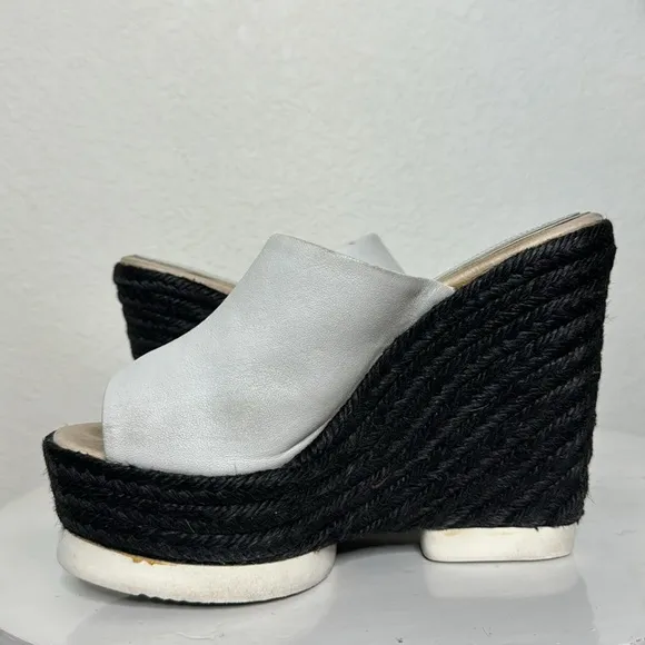 PALOMA BARCELO CONCHITA WHITE LEATHER BLACK ESPADRILLE PLATFORM WEDGE SANDALS