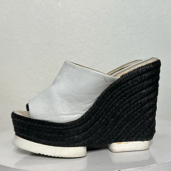 PALOMA BARCELO CONCHITA WHITE LEATHER BLACK ESPADRILLE PLATFORM WEDGE SANDALS