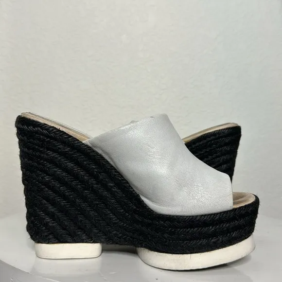PALOMA BARCELO CONCHITA WHITE LEATHER BLACK ESPADRILLE PLATFORM WEDGE SANDALS