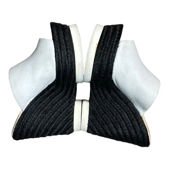PALOMA BARCELO CONCHITA WHITE LEATHER BLACK ESPADRILLE PLATFORM WEDGE SANDALS
