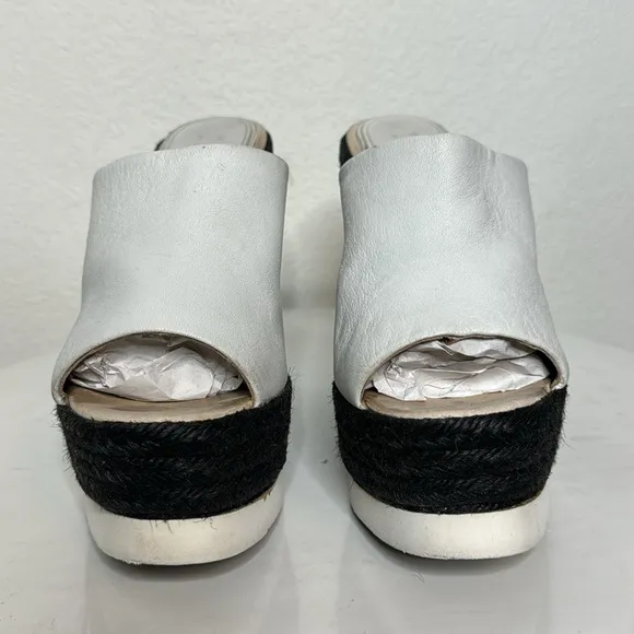 PALOMA BARCELO CONCHITA WHITE LEATHER BLACK ESPADRILLE PLATFORM WEDGE SANDALS