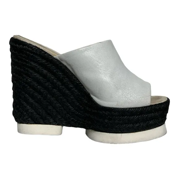 PALOMA BARCELO CONCHITA WHITE LEATHER BLACK ESPADRILLE PLATFORM WEDGE SANDALS