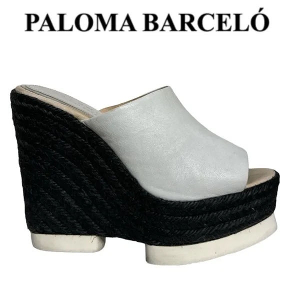 PALOMA BARCELO CONCHITA WHITE LEATHER BLACK ESPADRILLE PLATFORM WEDGE SANDALS