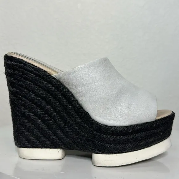 PALOMA BARCELO CONCHITA WHITE LEATHER BLACK ESPADRILLE PLATFORM WEDGE SANDALS