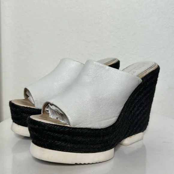 PALOMA BARCELO CONCHITA WHITE LEATHER BLACK ESPADRILLE PLATFORM WEDGE SANDALS