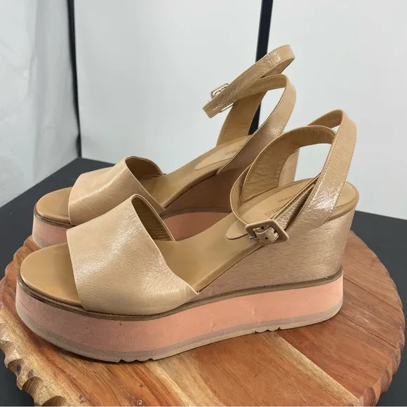 Paloma Barcelo Giselle Wedge Sandals blush pink sz 40 US 9.5 ankle strap tan