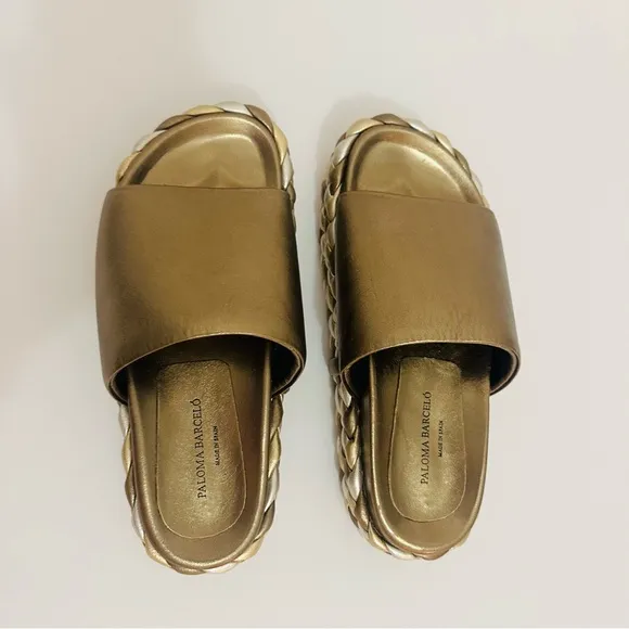 Paloma Barcelo Pewter/gold/silver woven platform slides European Size 37-SZ 7 US