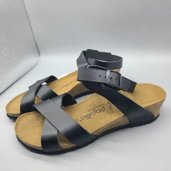 Papillio Birkenstock Size 9/ 40 Lola Wedge Sandals Black Leather Low Wedge New