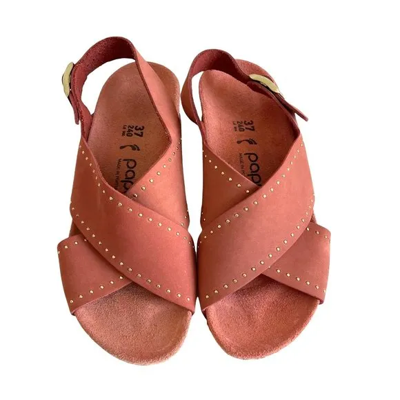 Papillio by Birkenstock Samira Rivets Earth Red Nubuck Slingback Sandals, Sz 37