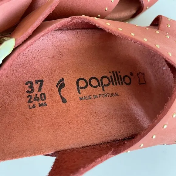 Papillio by Birkenstock Samira Rivets Earth Red Nubuck Slingback Sandals, Sz 37