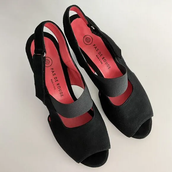 PAS DE ROUGE Sandals Women 40 US 10M Black Suede Open-toe Block Heel