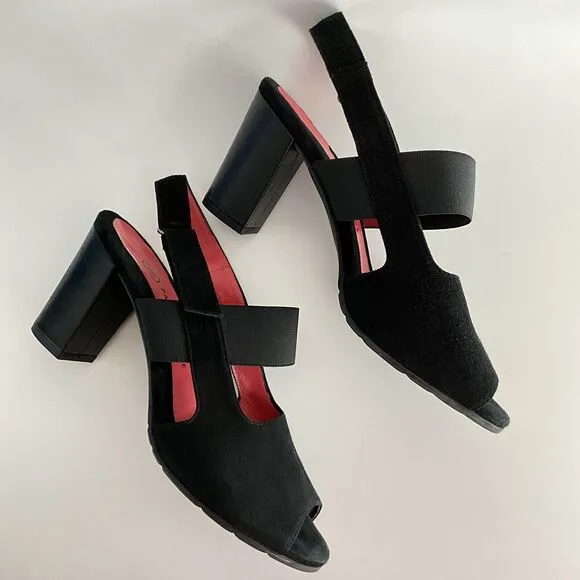 PAS DE ROUGE Sandals Women 40 US 10M Black Suede Open-toe Block Heel
