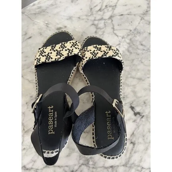 Paseart Espadrille Platform Sandals Size 40 US 9 Black Natural Beige