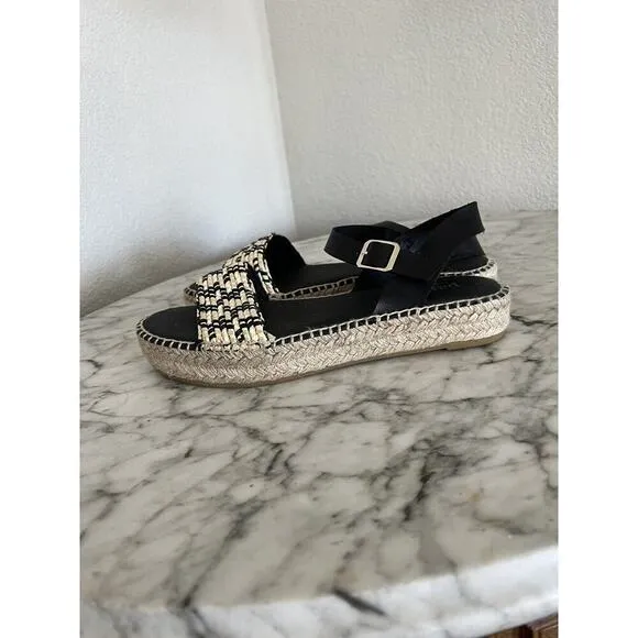 Paseart Espadrille Platform Sandals Size 40 US 9 Black Natural Beige