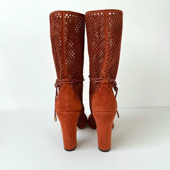 Paul Andrew Amirah Perforated Peep Toe Mid Calf Block Heel Boots in Spice