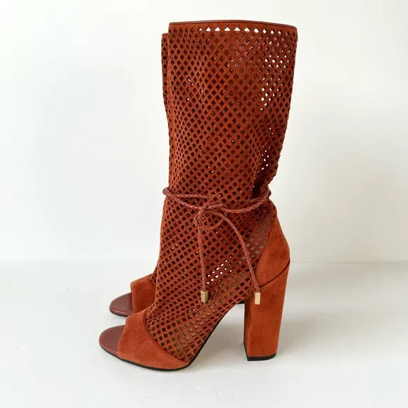 Paul Andrew Amirah Perforated Peep Toe Mid Calf Block Heel Boots in Spice