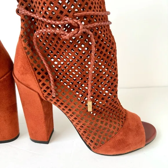 Paul Andrew Amirah Perforated Peep Toe Mid Calf Block Heel Boots in Spice