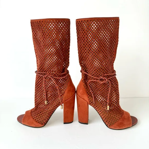 Paul Andrew Amirah Perforated Peep Toe Mid Calf Block Heel Boots in Spice